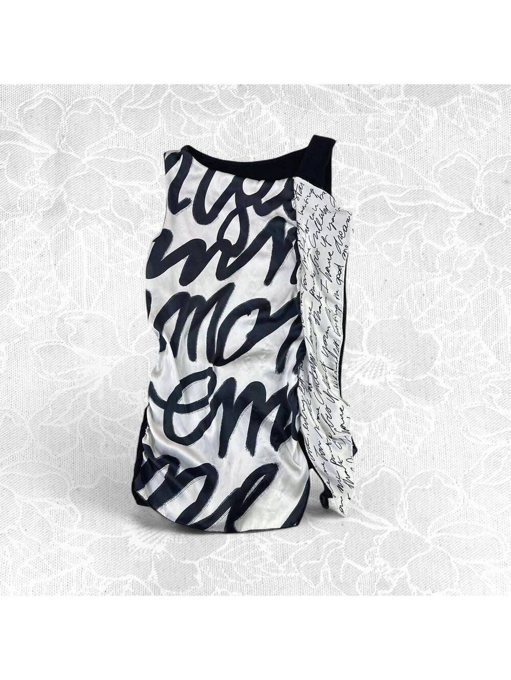 Black and White Script Print Sleeveless Top with Tie Back Detail